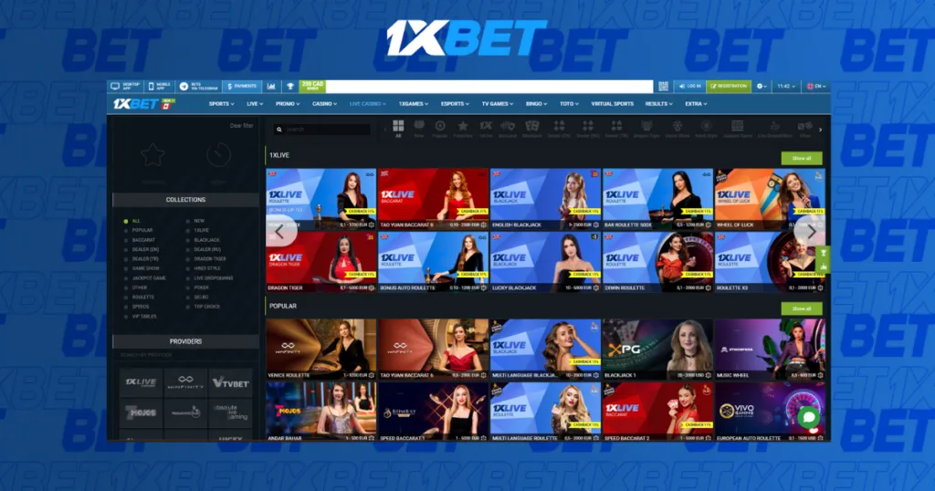 1xBet's live casino game selection of various games and dealers