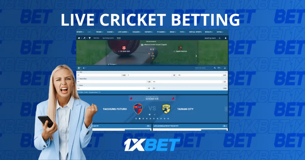 'LIVE CRICKET BETTING' interface from 1XBET