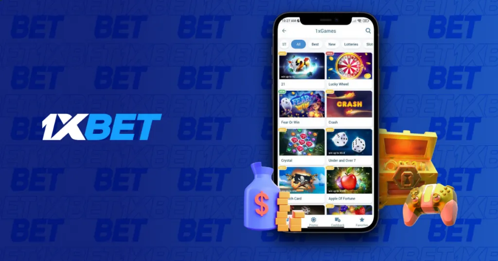 Smartphone with 1xBet's gaming app with various games